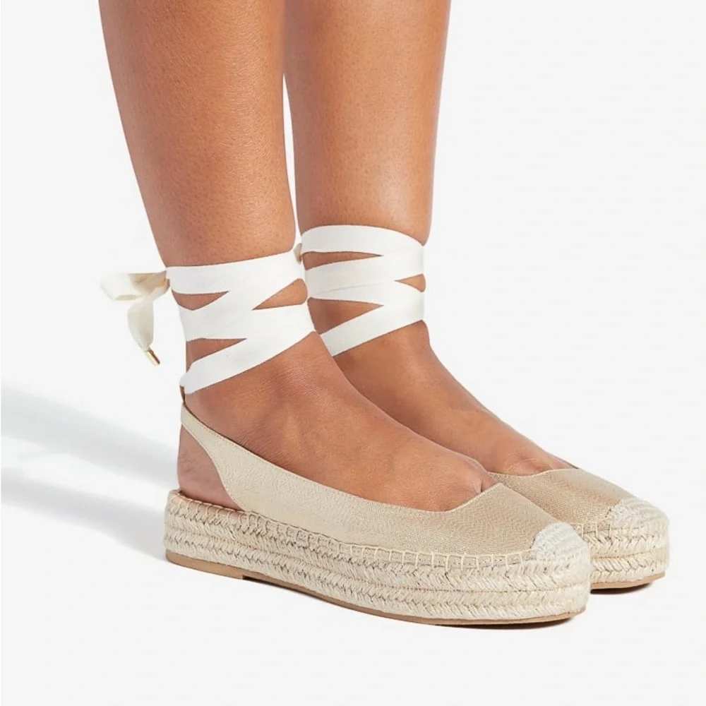 Shoe Dazzle Neutral Beige Espadrille Platform Wrap Flats